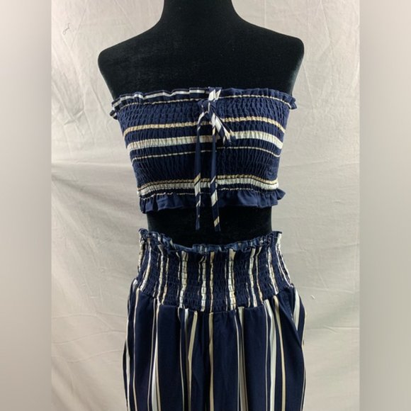 Blue/White Striped Drawstring Front Tube Top & Wide Leg Pants - Picture 9 of 9